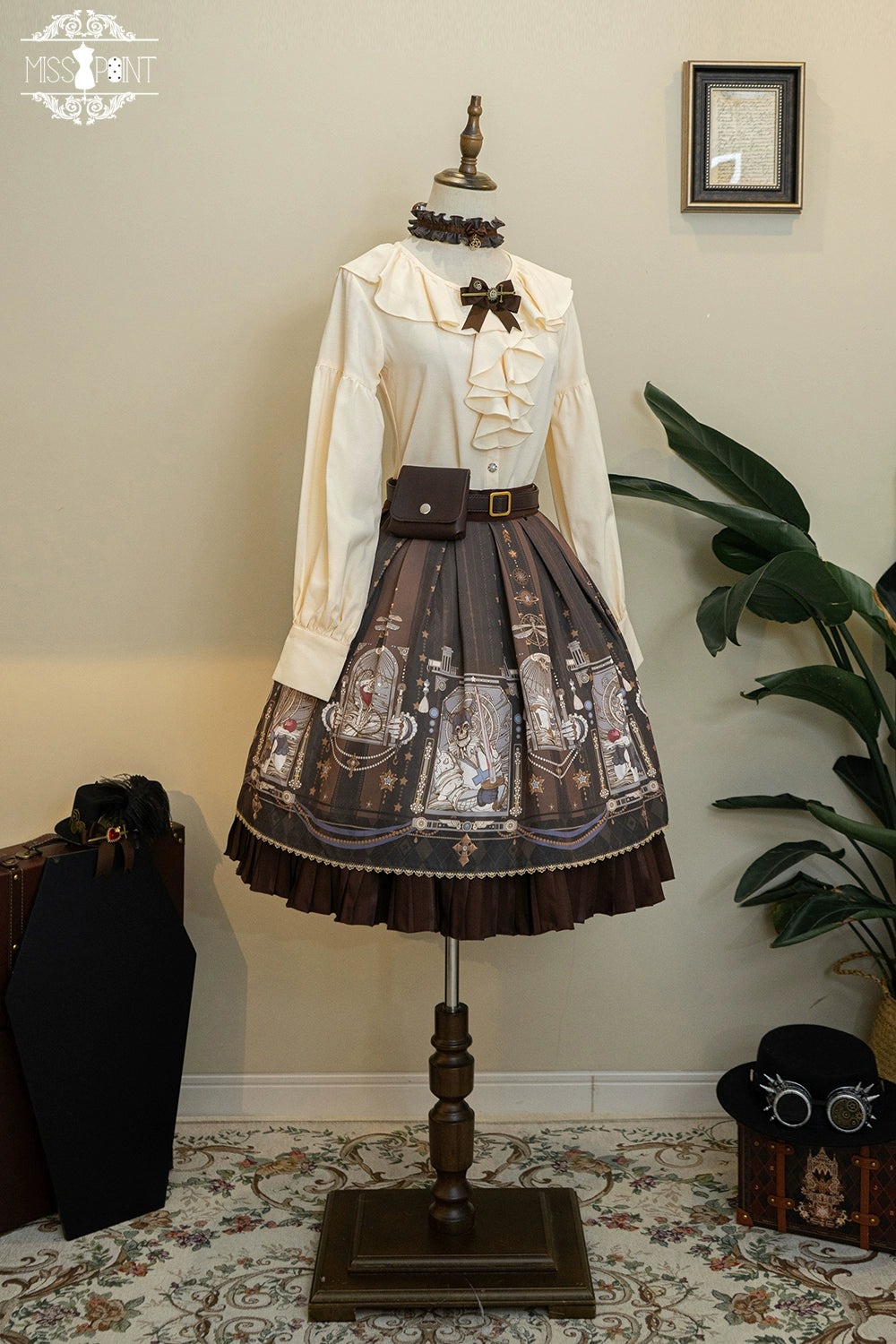 (BFM)Miss Point~Demon Hunting Notes~Gothic Lolita Cross Print Short Skirt XS coffee skirt set (skirt+belt + bag) 