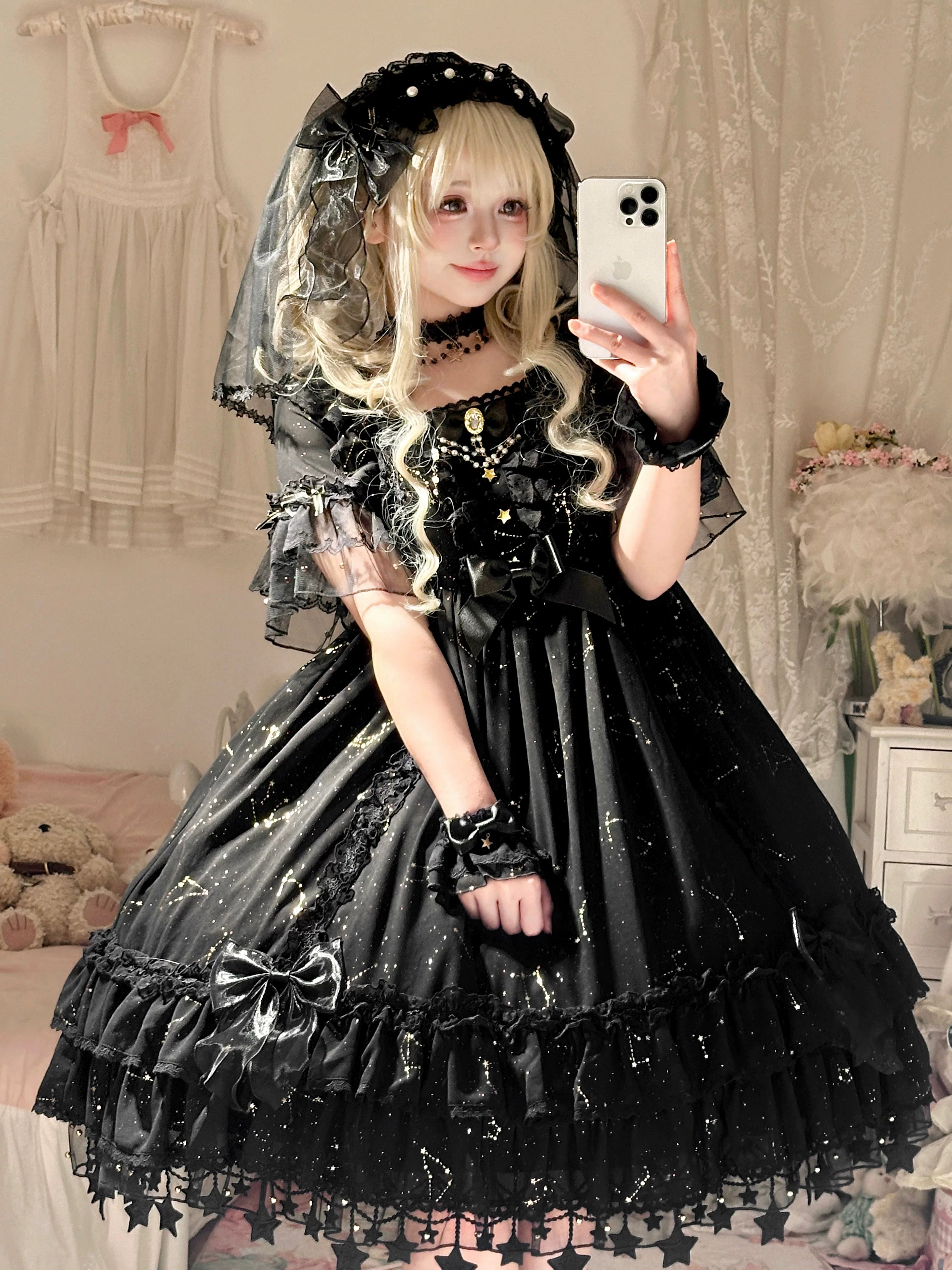 Whisper of Stars - Vintage Lolita Black OP Dress, Constellation-Themed 4556:818989
