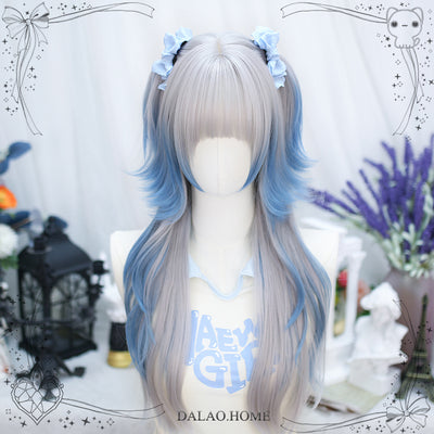 Dalao~Natural Lolita Long Curly Gray Blue Wigs Silver Gray Blue Dyed Wig  