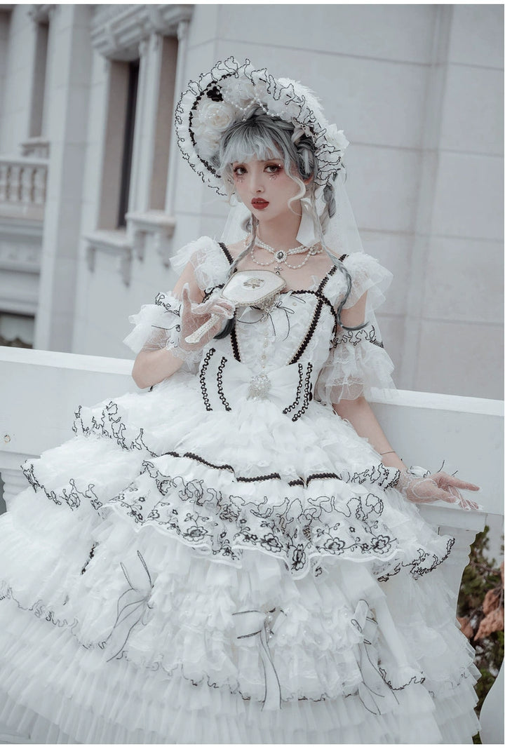 Cat Fairy~Dark Starry Night~Wedding Lolita Jumper Dress Black And White Tea Party Dress