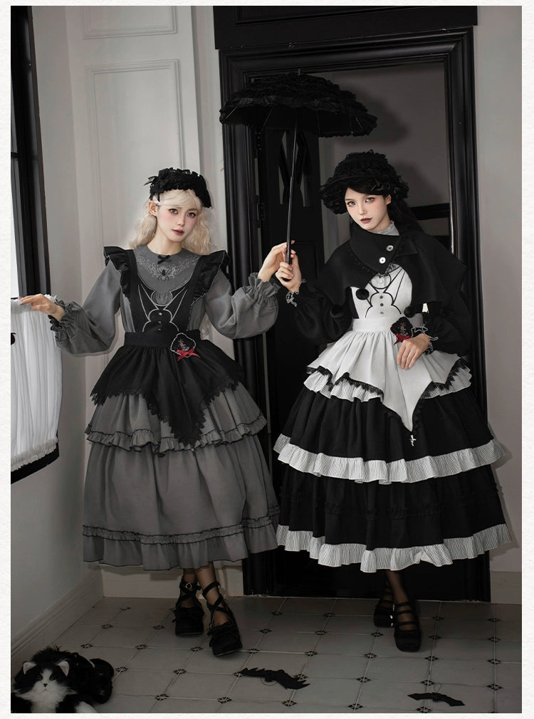 With PUJI~Castle Night~Gothic Twins Lolita OP Three-tiered Embroidery Dress