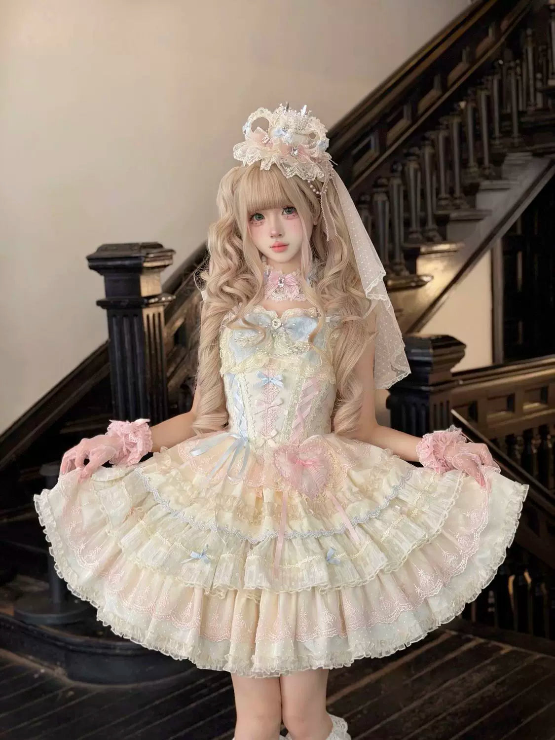 Cloud Whale Dream - Sweet Lolita Corset JSK Dress, Tiered Hem & Bows