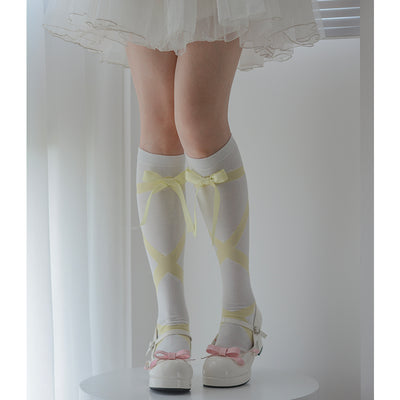 Roji roji~Uniform Cotton Lolita Autumn Calf Socks free size yellow bow tie 