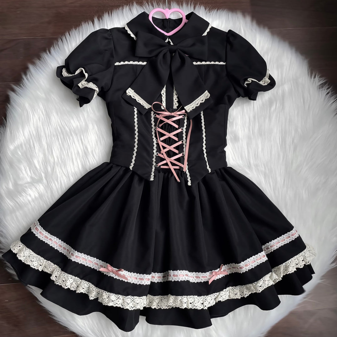 Mengfuzi~Doll Heart~Gorgeous Lolita Dress Vintage OP Cape Set S Black, pink, and apricot short sleeve suit 