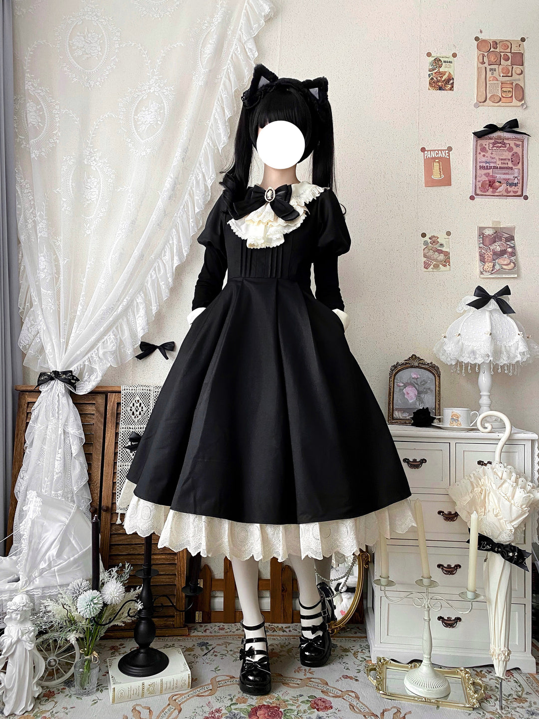 Qianmu~Classic Maid~Gothic Maid Lolita OP Suit with Apron and Jabot