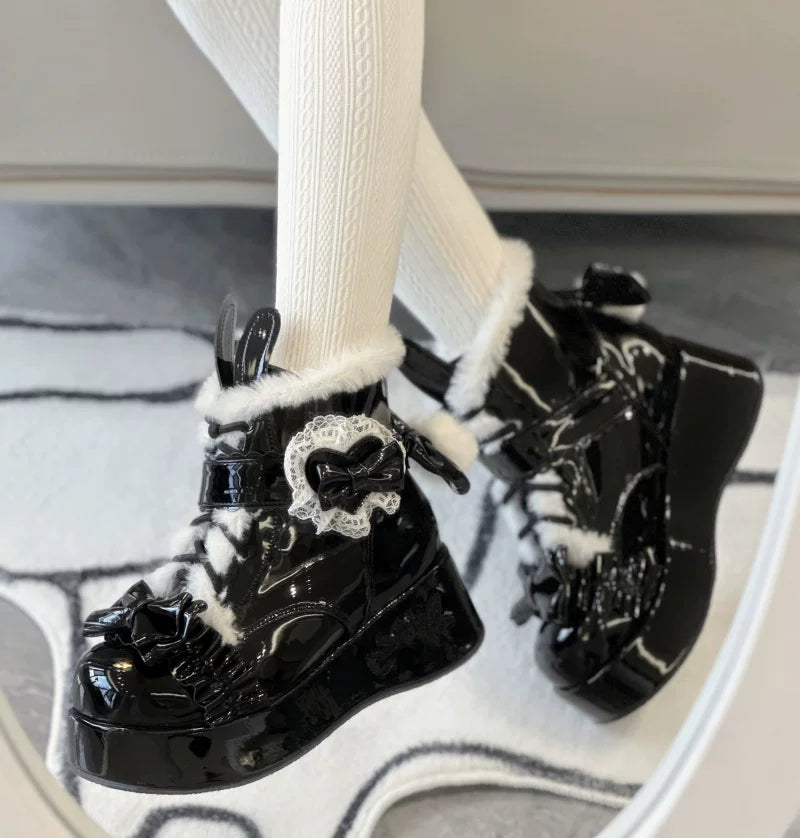 Bunny Tail - Fuzzy Kawaii Lolita Snow Boots, Detachable Plush Bow 44447:808607