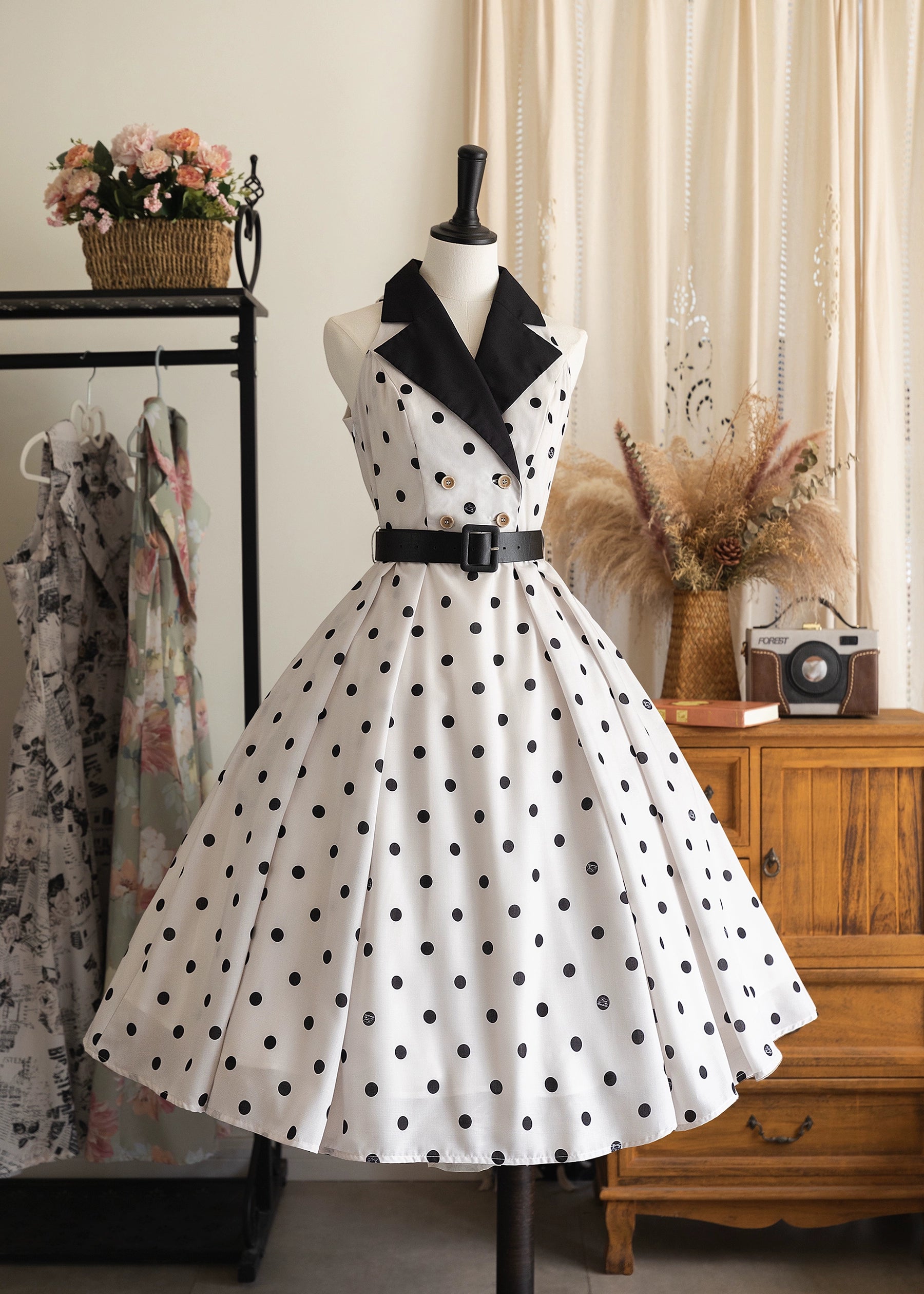 Forest Wardrobe - Afternoon Forest - Vintage Lolita Halter-neck JSK Dress in French Style Polka Dot S