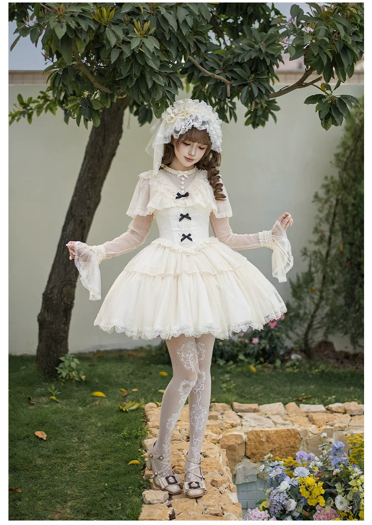 White Mist Promise - Classic Lolita Corset OP Set, Edwardian Collar & Tiered Hem 45173:838321