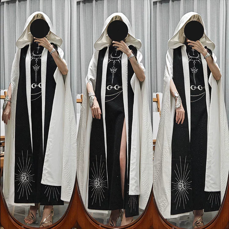 Morning mist and warbler~Oracle~Gothic Lolita JSK Jacquard Dress Cape Holy Set S White cloak + black collar hanging 