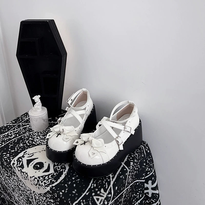 Bondora - Devil Cross - Punk Lolita Shoes Cross High Platforms Shoes 34 white
