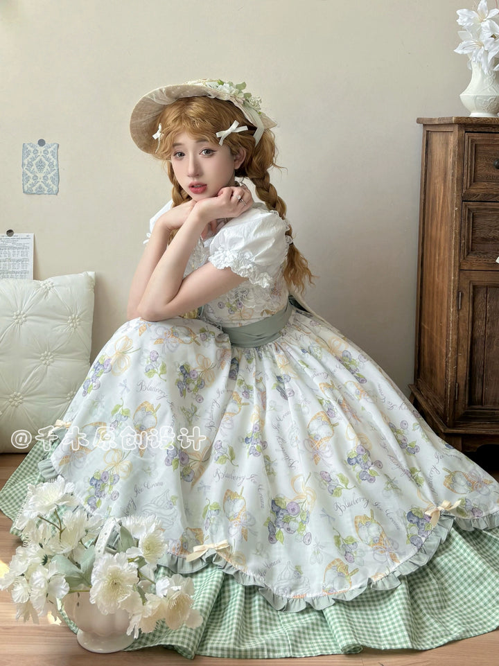 Qianmu~Blueberry Summer~Classic Lolita JSK Dress with Large Hem and Cotton Lining
