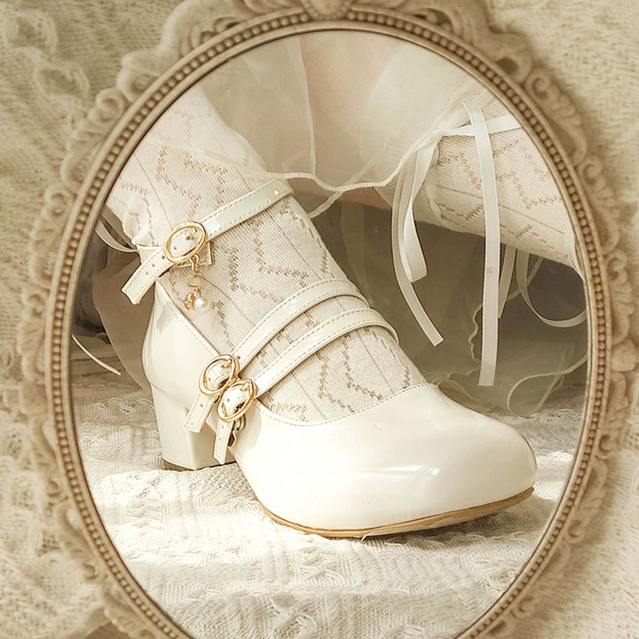 (BFM)Sheep Dairy~Elegant Lolita Shoes Mid-Heel Square Toe 34 white (glossy shoe upper) 
