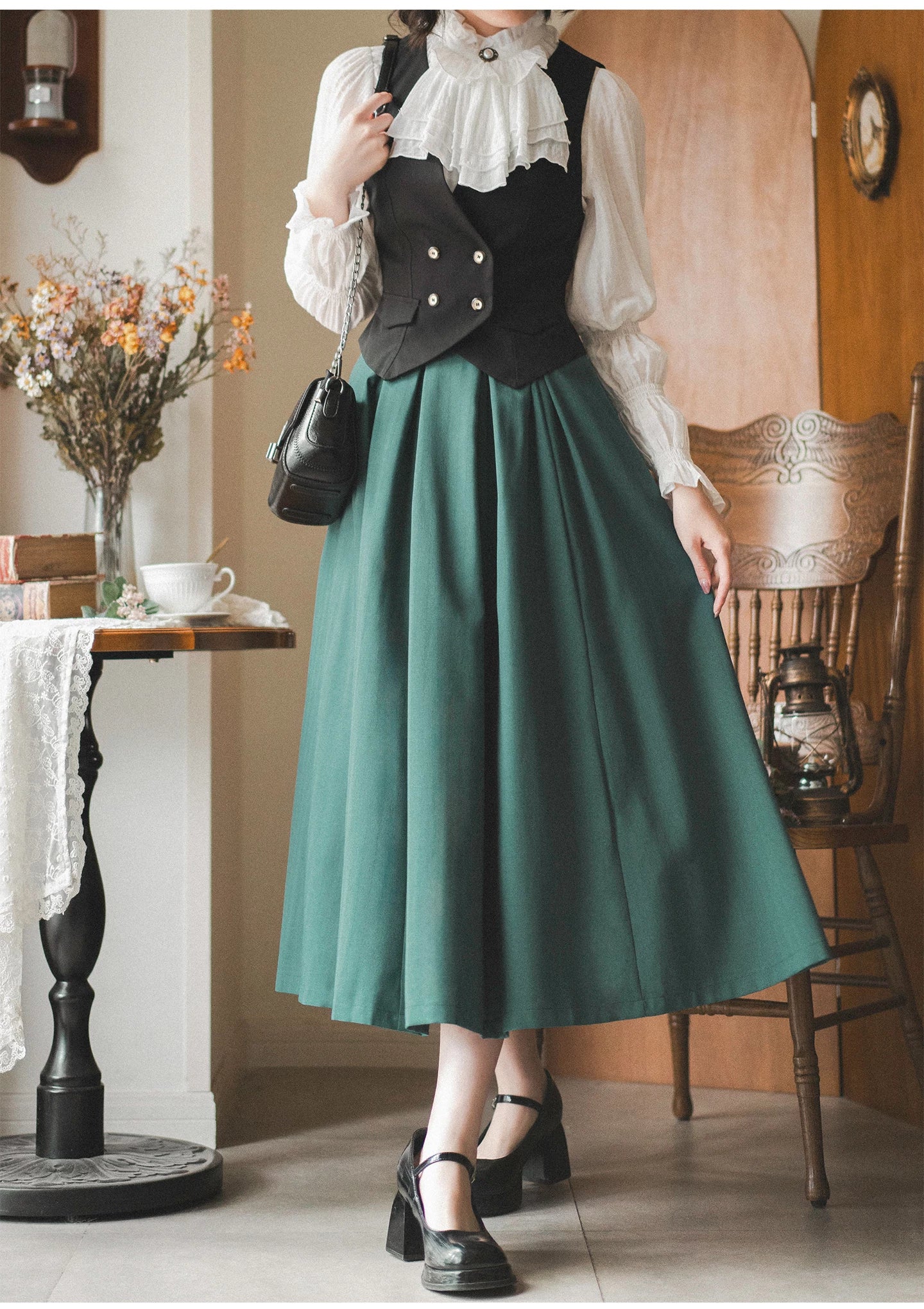 Misty Forest - White Classic Lolita Long Sleeve Blouse, Detachable Jabot