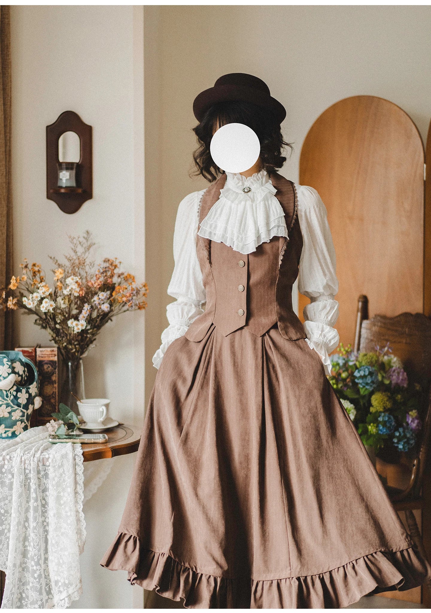 Misty Forest - White Classic Lolita Long Sleeve Blouse, Detachable Jabot