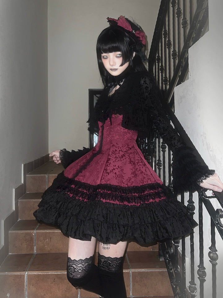 MILU ORIG - Six-Panel Gothic Lolita JSK Dress, Tiered Ruffles Black-Red JSK Only / Jacquard S