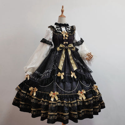 Fishing boss~Elegant Lolita Flounce Hemline Princess Dress Multicolors S black 