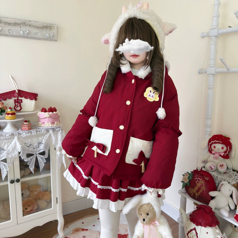 Niu Niu - Bunny Mochi Puff - Winter Kawaii Lolita Coat, Bunny Ear Hood (Burgundy / 2XL 3XL L XL) 44191:797818