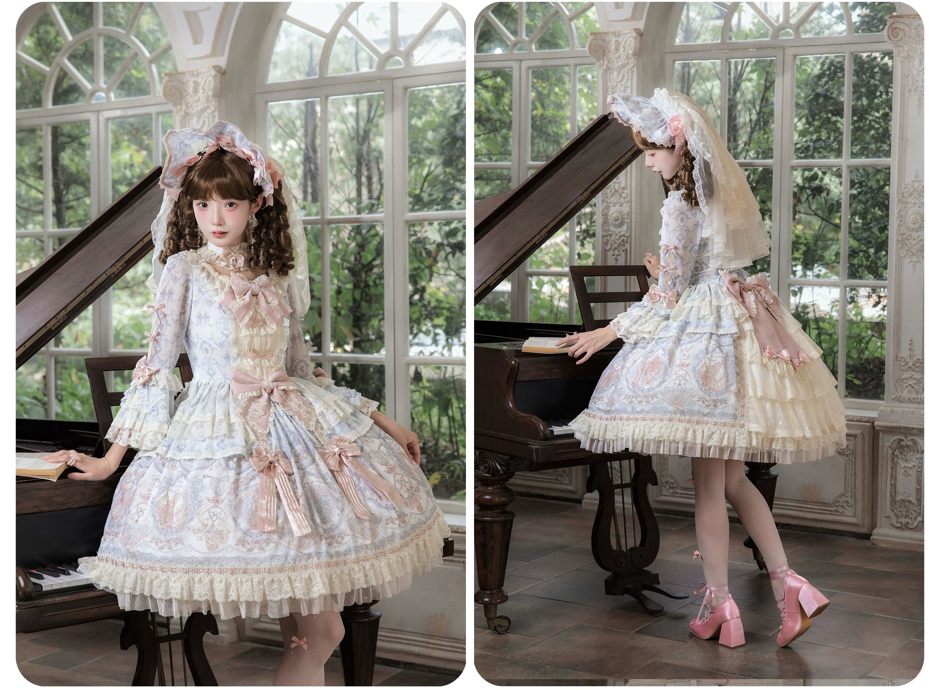 Rose Fragrance - Classic Lolita Lace JSK & OP Dress, Rose & Perfume Bottle Print 45850:865576