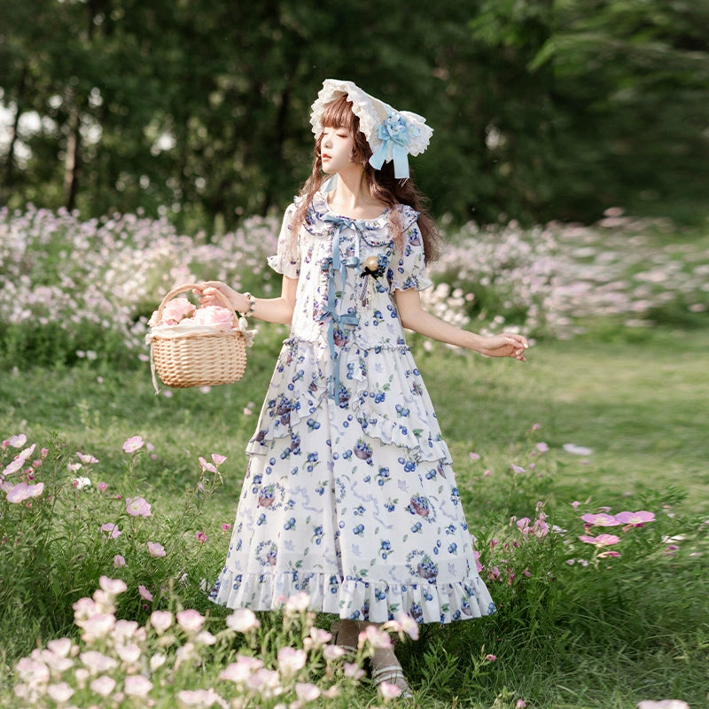 With PUJI~Berry Basket~Country Lolita OP Dress Blueberry Print Dress   