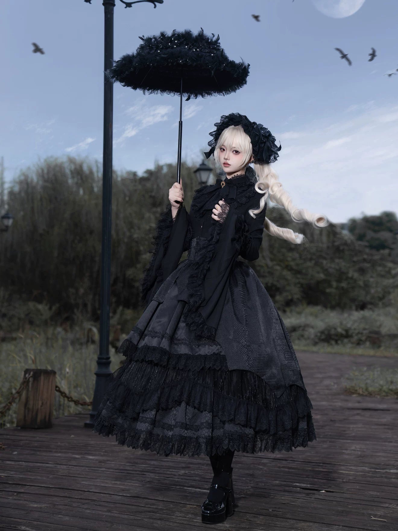 Broken Winged Bat - Gothic Lolita Shirt & SK Set, Bat-wing Shaped Hem 44706:824144