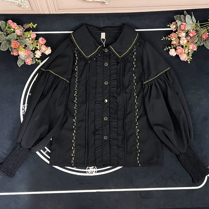 DMFS Lolita~ Sweet Lolita Blouse Vintage Mutton Sleeves Winter Lolita Shirt Black (without velvet) S