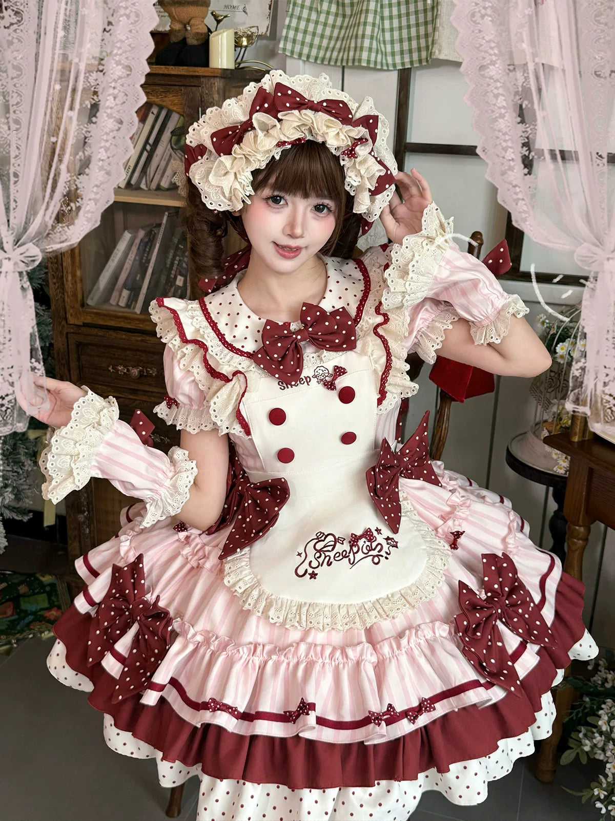 Honeyed Oath - Sweet Lolita Polka Dot OP Dress, Detachable Apron Pink OP Set (with 1 neck bow + 2 waist bows + 2 hem bows) S