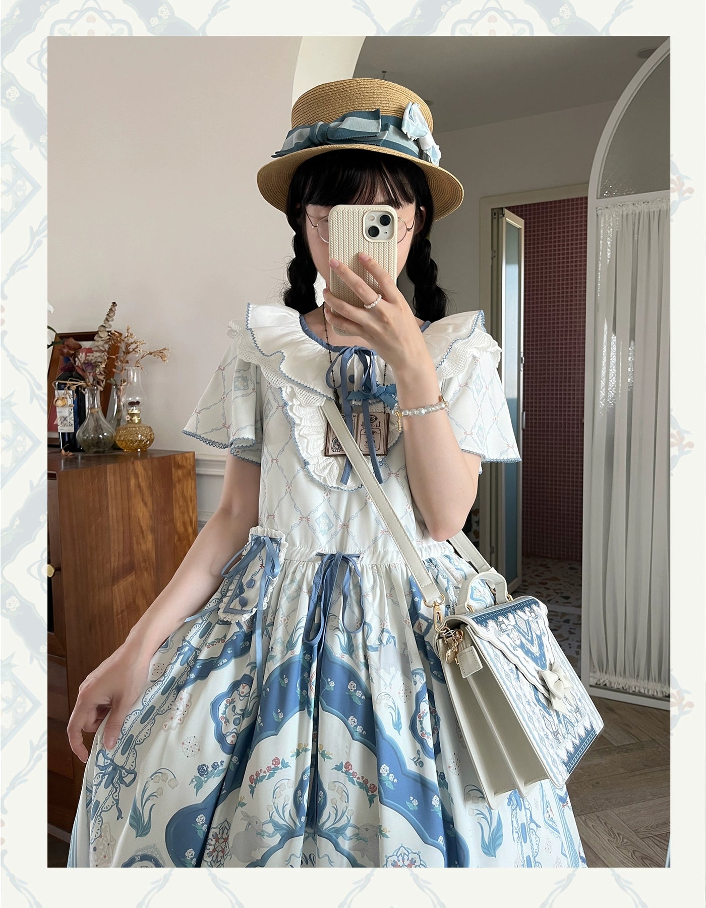 Alice in Wonderland~Rabbit Sewing Machine~Elegant Lolita Dress JSK and OP Floral Dress Set   