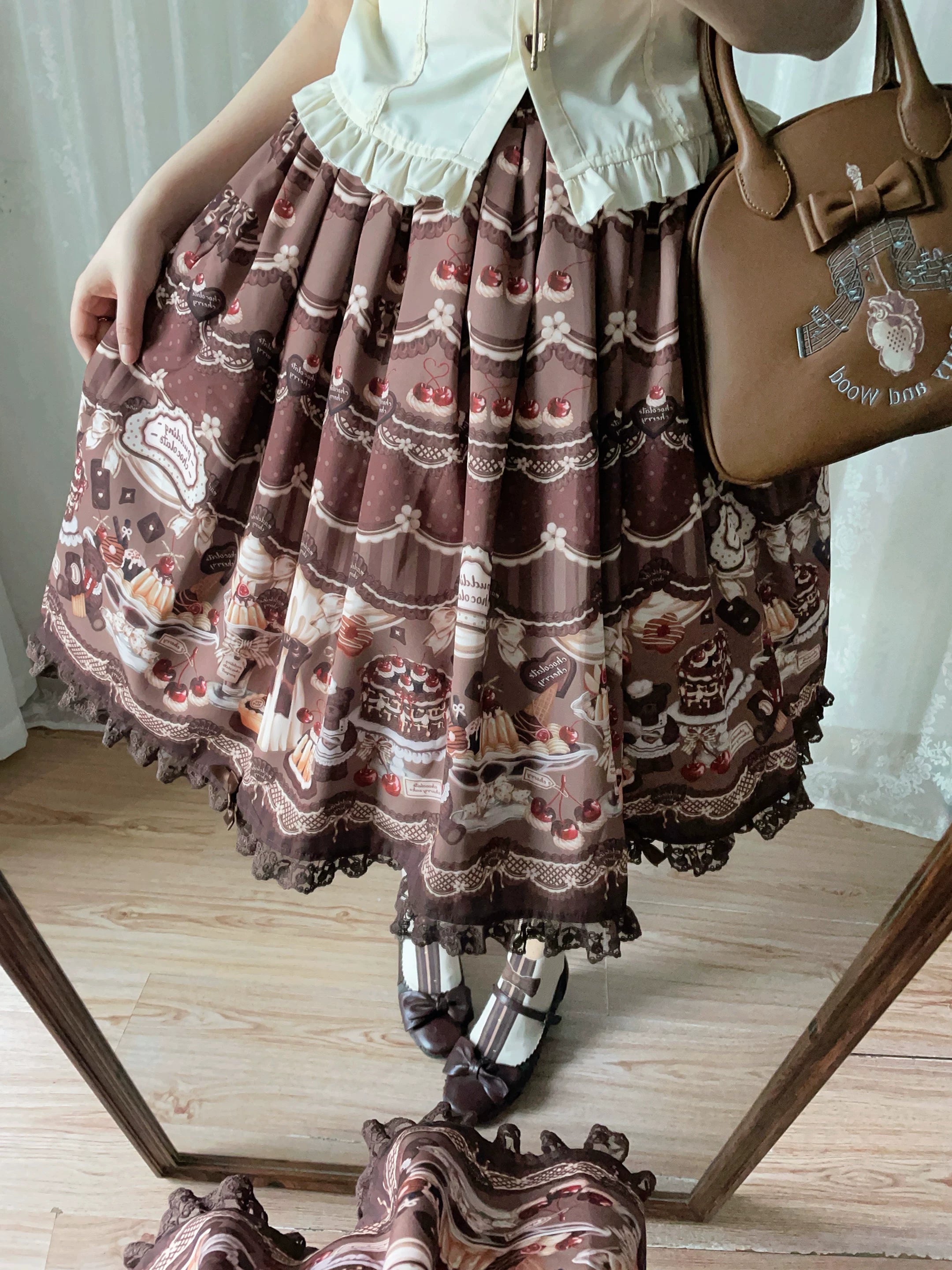 Cherry Choco Bear - Kawaii Lolita Elastic Skirt, Dessert and Cherry Print