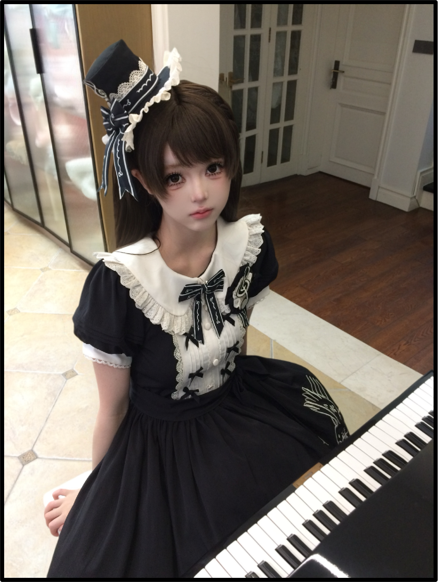 Birdsong Melody - Piano-themed Old School Lolita OP Dress, Side Pockets 45818:863235