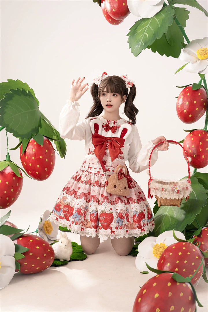 To Alice~Spring Strawberry Bunny~Kawaii Lolita Salopette Dress Hooded Coat and Blouse