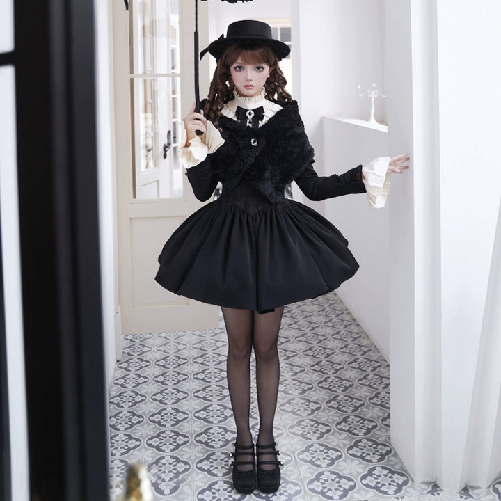 With PUJI~Old Testament~Classic Lolita Coat Black Plush Lolita Cape and Brooch