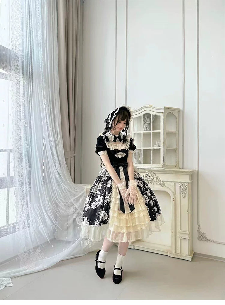 Spring of Golden Lily - Satin Classic Lolita Lily Print Dress, Front Opening 45507:852484