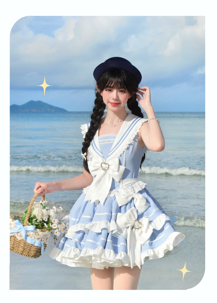 Platycodon House~Going to the Sea~Sailor Lolita OP Youth Lolita JSK Tiered Dress