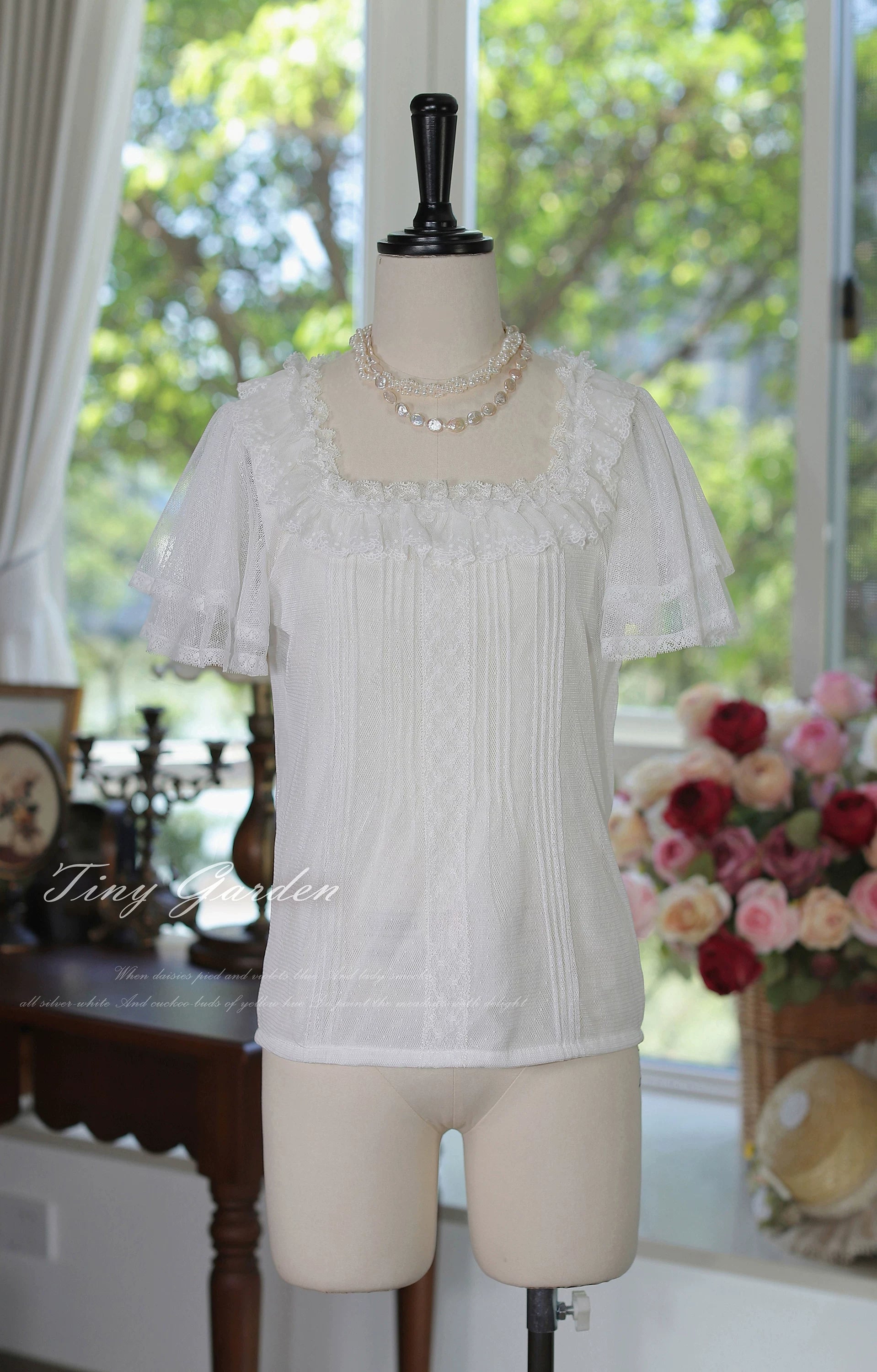 Classic Lolita Square Neck Polka-dot Tulle Blouse White (lined) S Pre-order