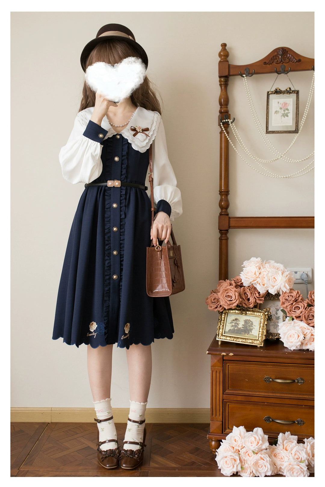 EESSILY~Window Rose~Classic Lolita OP Front Buttoned Embroidery Lolita Dress