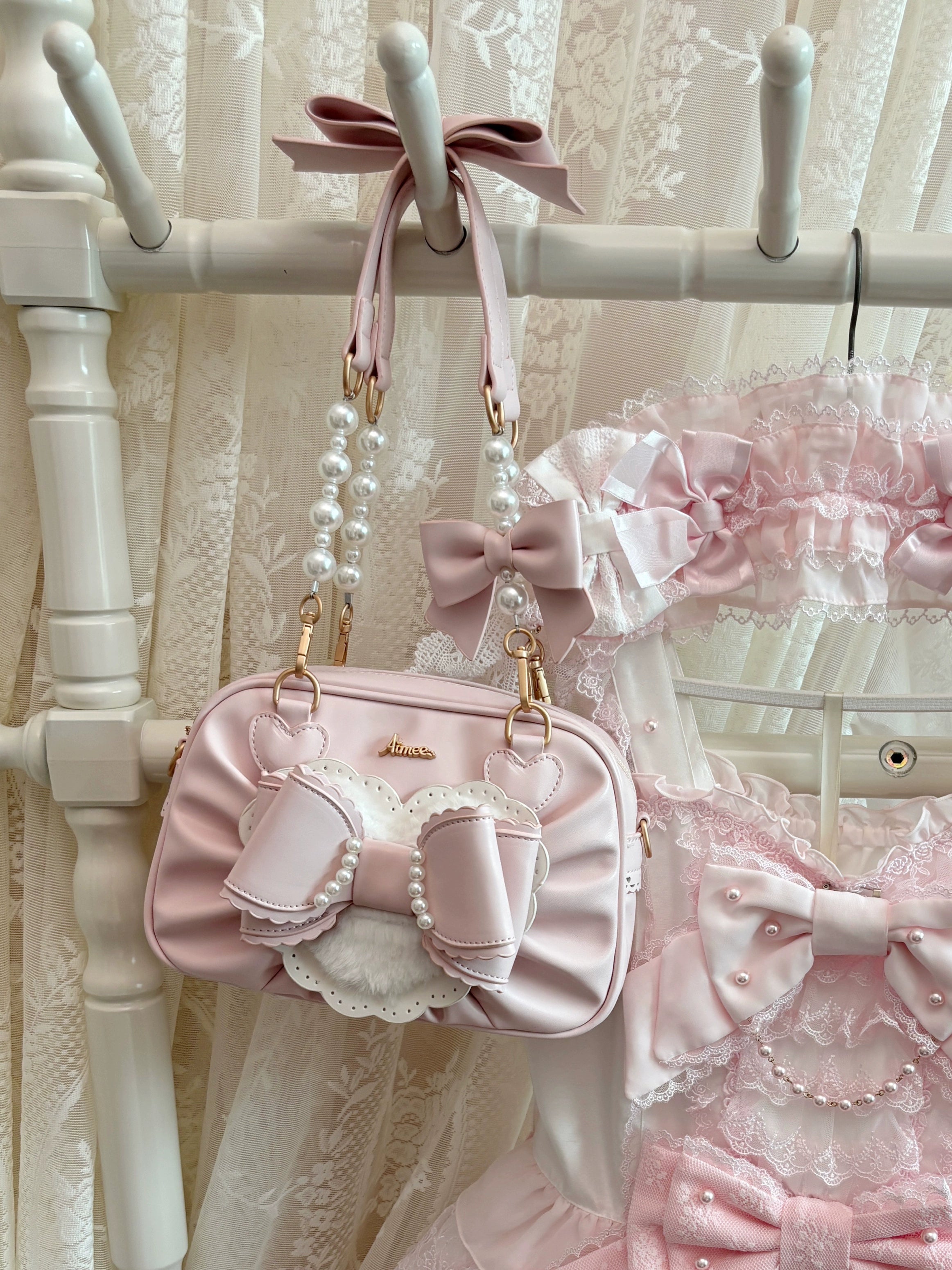 Aimee - Peach Cube Box - Sweet Lolita Pink Handbag, Bow & Pearl