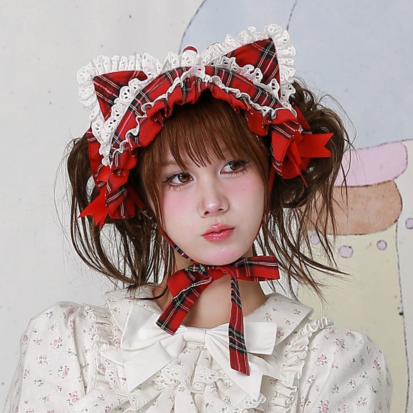 Soso Meme Club - Christmas Sweet Lolita Hairband, Red Plaid Cat Ear 44110:795054