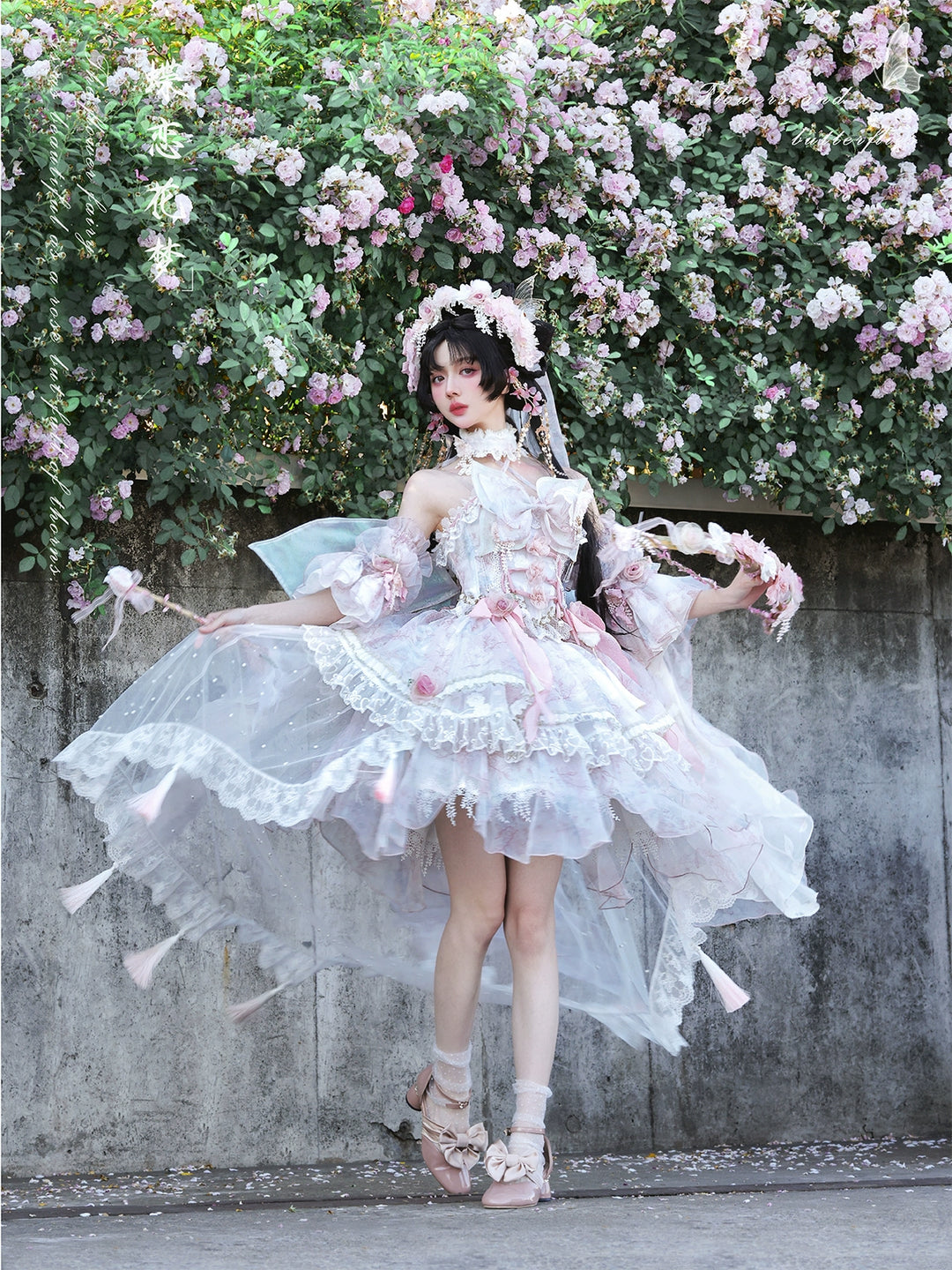 (BFM)Bramble Rose~Butterfly Love Dream~Sweet Lolita SK Full Set Butterfly Theme Gorgeous Dress S Butterfly Pink Fullset 