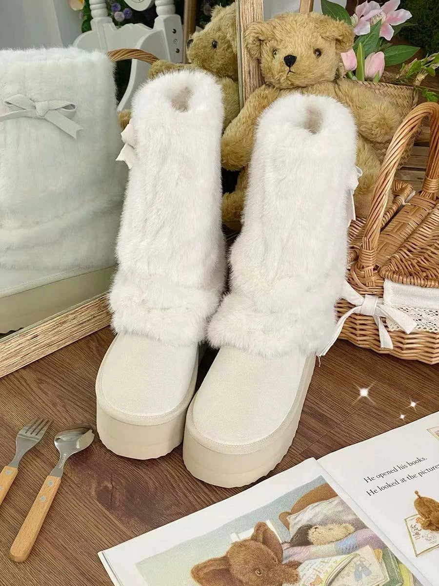 Pure Tea For Dream - Winter Love Song - Winter Lolita Mid-Calf Boots Plush Snow Boots Thick Sole Light off-white 35