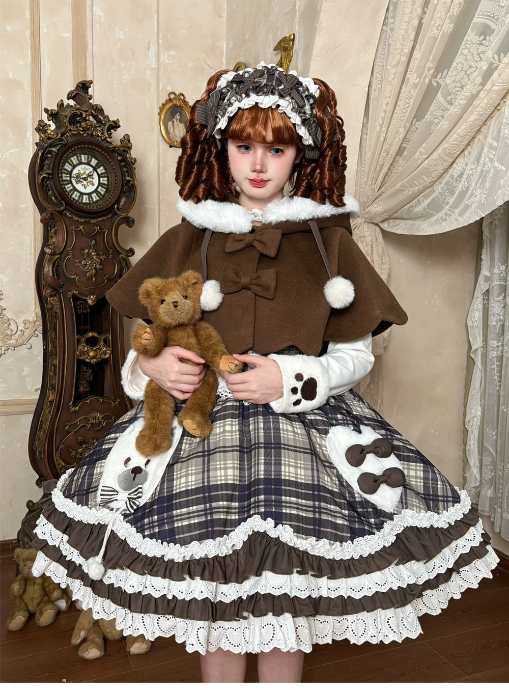 Winter Sweet Lolita Cape & JSK Dress Set, Teddy Bear Patch (L M S XL) 45974:870025
