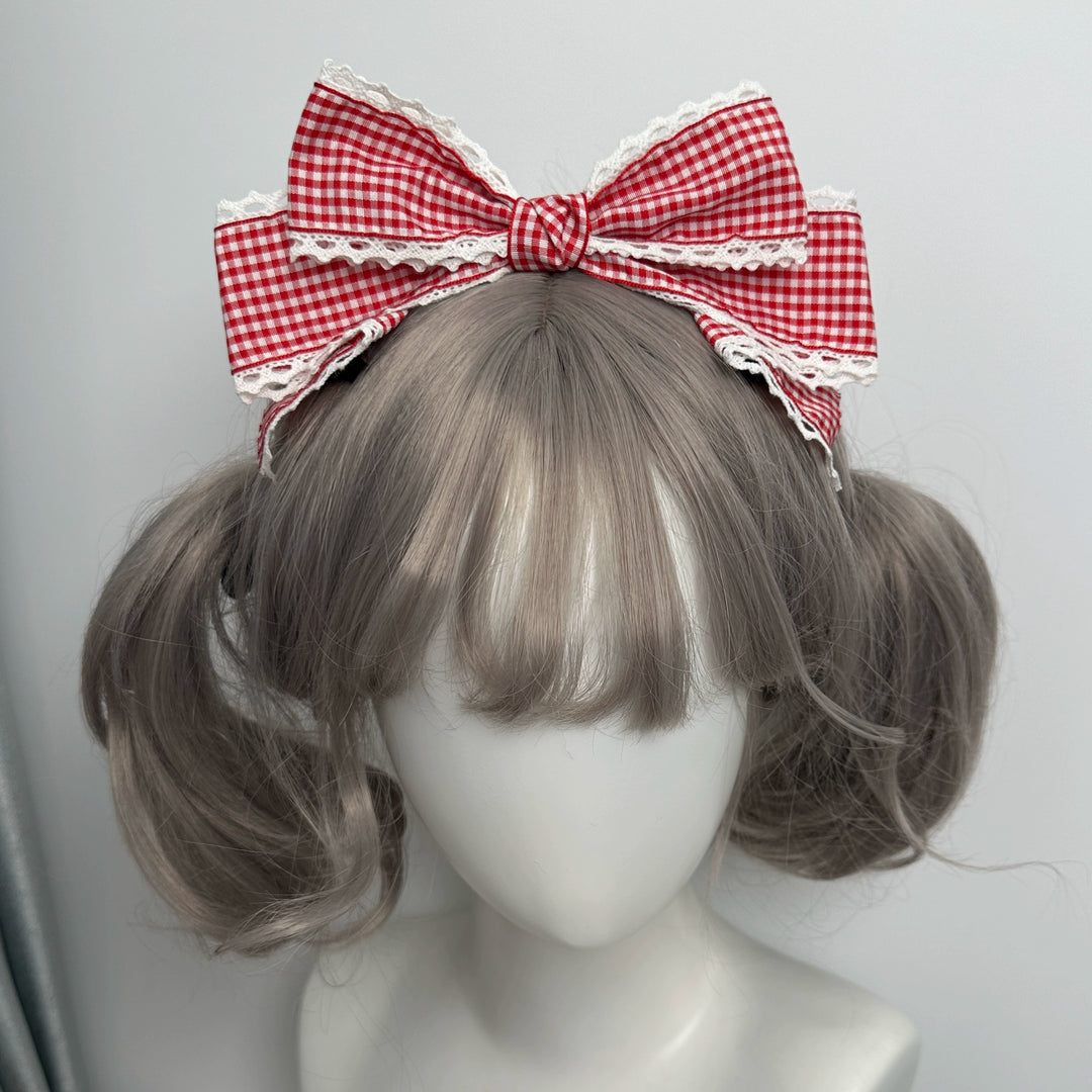 Qingyi Handmade~Sweet Lolita KC Multicolor Bow Lolita Headwear Red and white plaid  