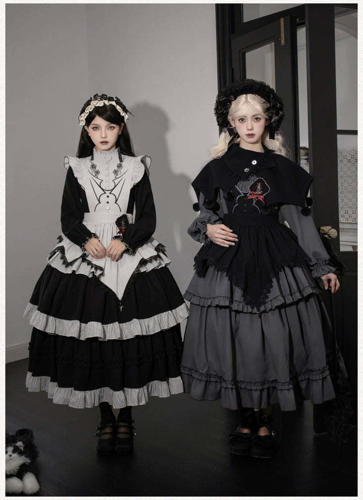 With PUJI~Castle Night~Gothic Twins Lolita OP Three-tiered Embroidery Dress