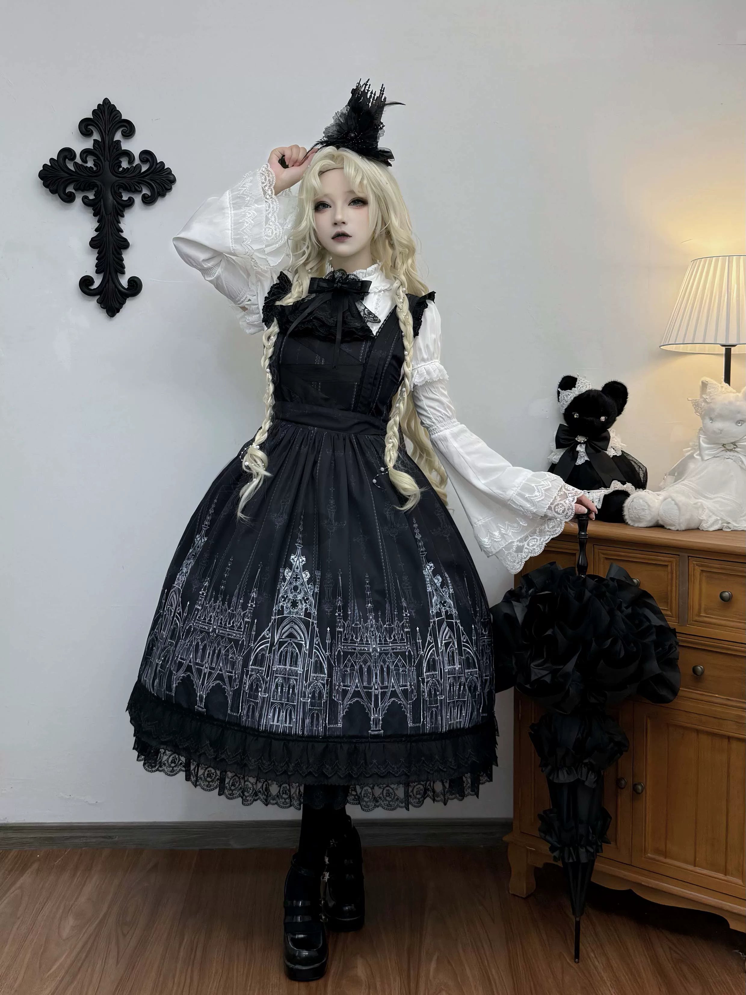 Silent Spire - Gothic Lolita Cathedral Print JSK & OP Dress Set, Side Pockets 45921:868092