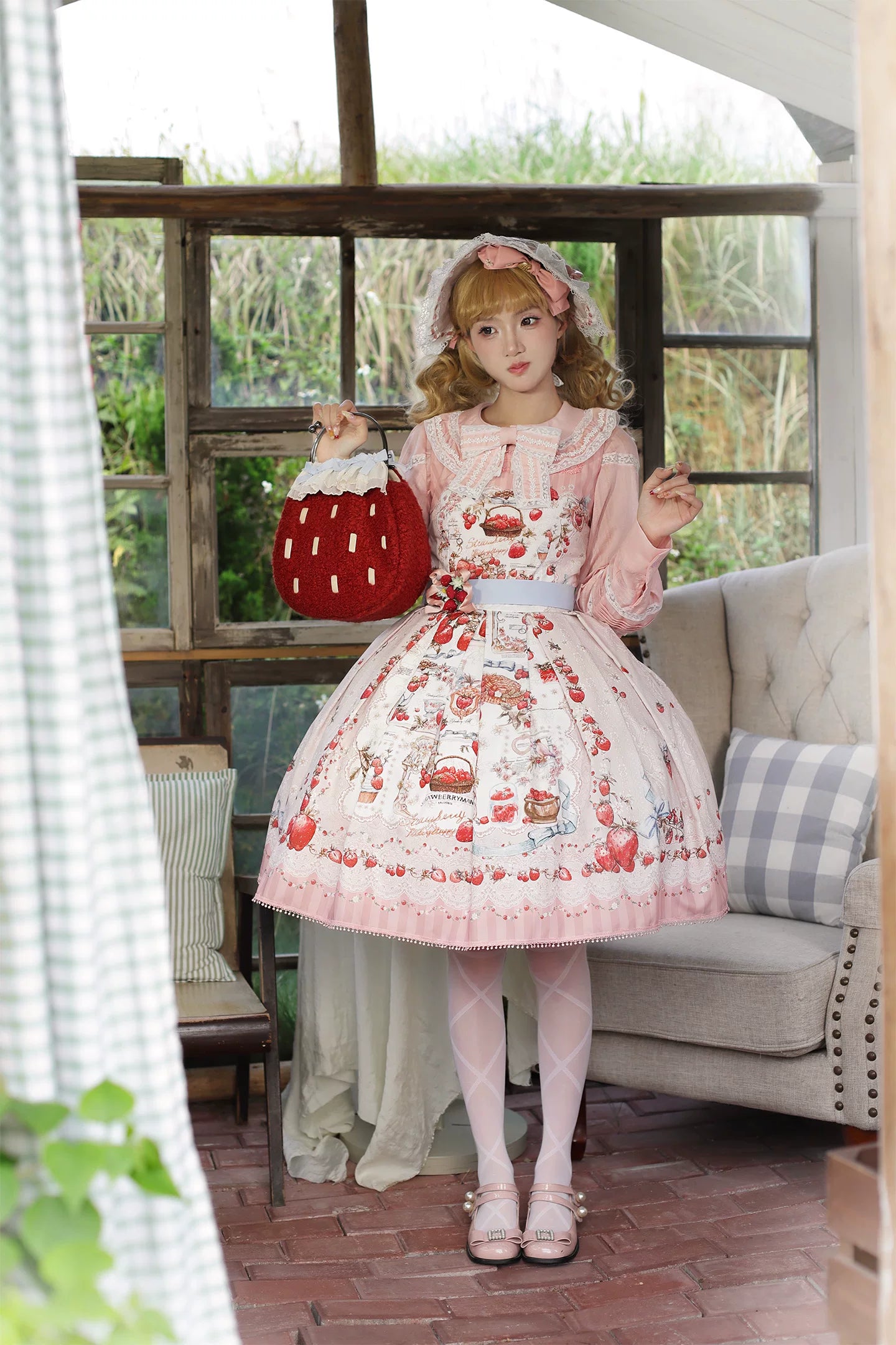 Strawberry Manor - Printed Sweet Lolita JSK Dress, Box Pleats