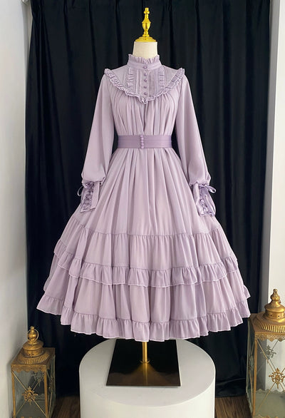 Little Dipper~Windsor Princess~Elegant Lolita Dress Stand Collar OP Dress Multicolors S grey purple color thin waistband long dress 