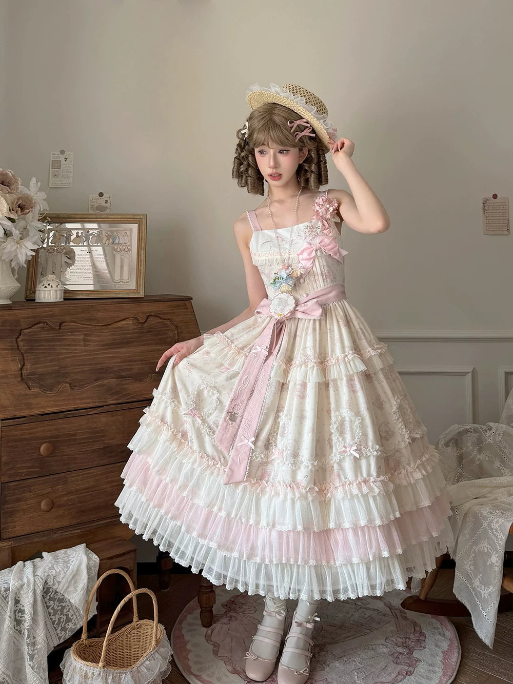 Bloom Lamb - Classic Lolita Embroidered JSK Dress, Tiered Hem (Pink / 2XL L M S XL XS) 45519:851373