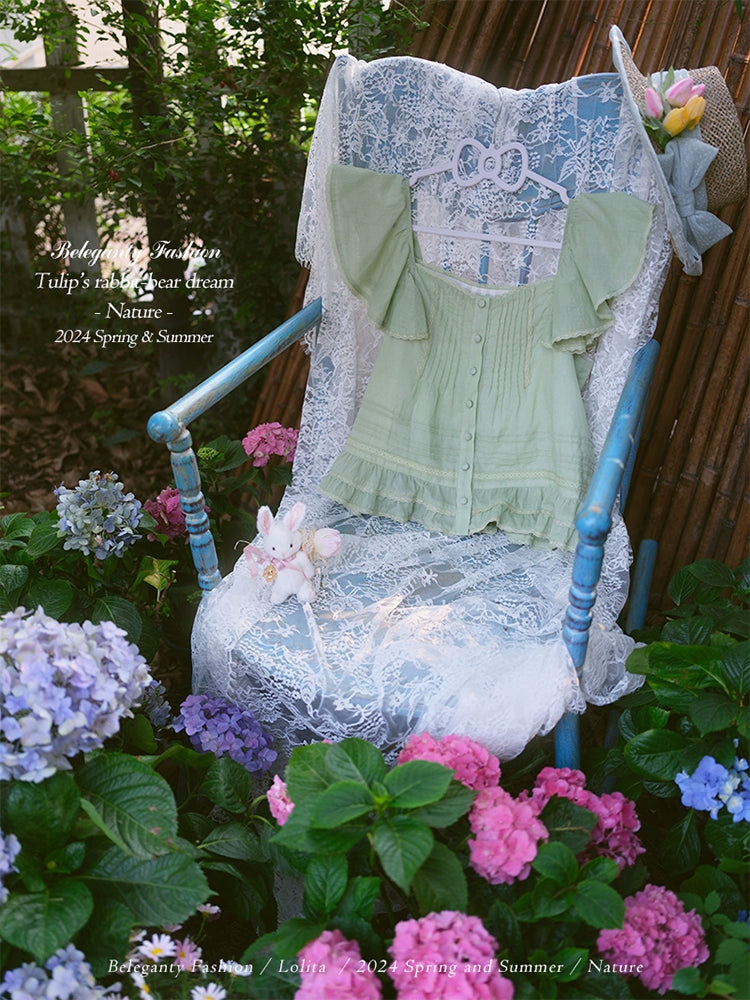 Beleganty~Tulip's Rabbit-Bear Dream~Sweet Lolita SK Suit Lolita Flutter Sleeve Top Grass Green - Flutter Sleeve Top S 