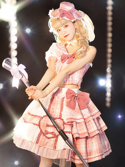 ChunLv Lolita~Powder To Snipe~Pink Plaid Sweet Lolita OP FS(shirt+skirt+hat+removable dress chains) S 