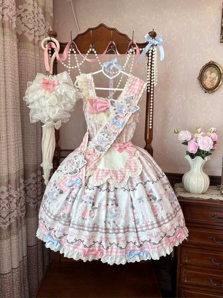 Shattered Lace Dream - Shattered Cat - Cat Printed Kawaii Lolita JSK Dress, Embroidered Sash Pink Plaid Full Set(JSK+apron+sash+cat-ear headband+waist tie) S
