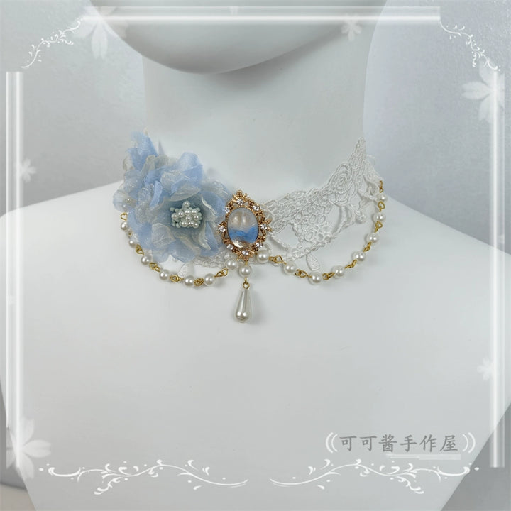 Cocoa Jam~Elegant Lolita Necklace Rose Gemstones and Pearl Necklace white blue  
